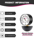 Front view of GOATACURA vacuum cleaner suction gauge with 2-1/2-inch dial, 0-160 inH2O range, round rubber adapter