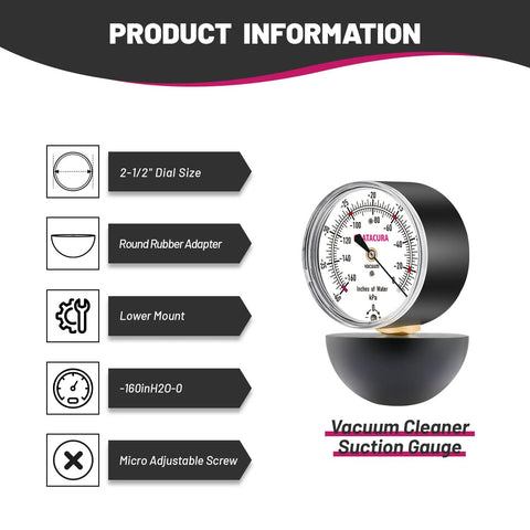 Front view of GOATACURA vacuum cleaner suction gauge with 2-1/2-inch dial, 0-160 inH2O range, round rubber adapter