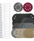 Super Cool 40 Pc Sandpaper Discs With Hook Loop Design And Eight Holes For Sanders Ranging From Rough 60 To Super Fine 10000 Grit. Assorted grit sizes visible.