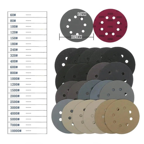 Super Cool 40 Pc Sandpaper Discs With Hook Loop Design And Eight Holes For Sanders Ranging From Rough 60 To Super Fine 10000 Grit. Assorted grit sizes visible.