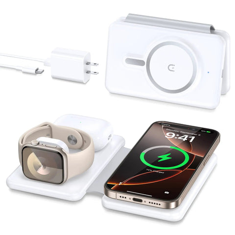 Three In One Magnetic Wireless Charger Travel Station For iPhone 17 16 15 14 13 12 Pro Max Plus Watch AirPods Foldable Charging Pad On The Go With Magnetic Alignment For Seamless Apple Watch AirPods And iPhone Docking, white 3-in-1 foldable charger with iPhone, Apple Watch, and AirPods