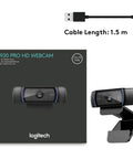 Pro Grade Full HD 1080P Webcam With Crisp Dual Mics And Snappy Auto Focus next to its packaging, showing plug and play setup.