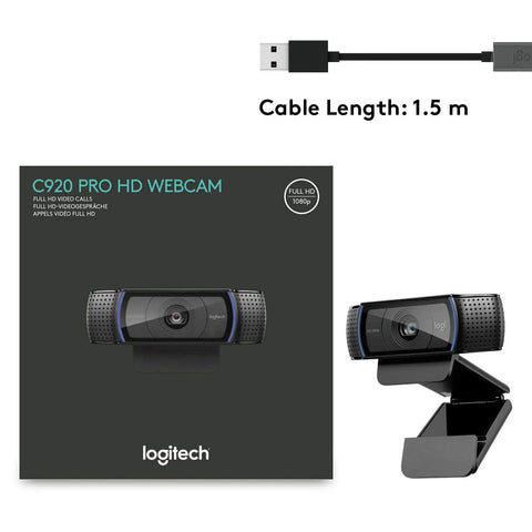 Pro Grade Full HD 1080P Webcam With Crisp Dual Mics And Snappy Auto Focus next to its packaging, showing plug and play setup.