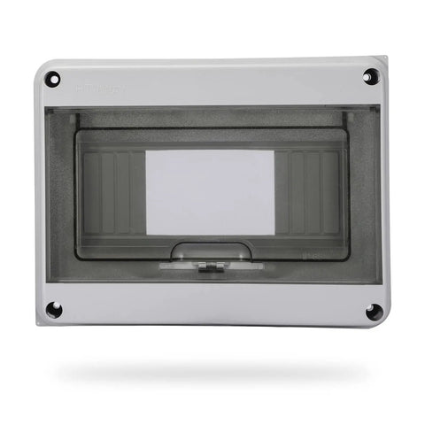 Front view of 8 Way Circuit Breaker MCB Distribution Box With DIN Rail IP65 Waterproof For Indoor And Outdoor Use Built Tough Weatherproof Electrical Enclosure In Durable PC ABS Construction