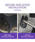 Before and after installation of 2 Pack Rubber Exhaust Hangers For Muffler And Tailpipe Adjustable 4 Hole Universal Damping Bracket