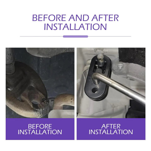 Before and after installation of 2 Pack Rubber Exhaust Hangers For Muffler And Tailpipe Adjustable 4 Hole Universal Damping Bracket