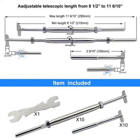 Stainless Steel Cable Railing Hardware Kit with adjustable turnbuckle and wrench for 3/16 inch cable system with metal posts