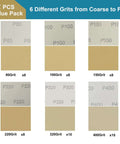 Workhorse 52 Sheet Aluminum Oxide Sandpaper Variety Pack Quarter Sheet Sandpaper For Wood And Metal Wet Dry Sanding Includes 80 100 150 220 320 400 Grits 4.5 By 5.5 Inch showing different sandpaper grits