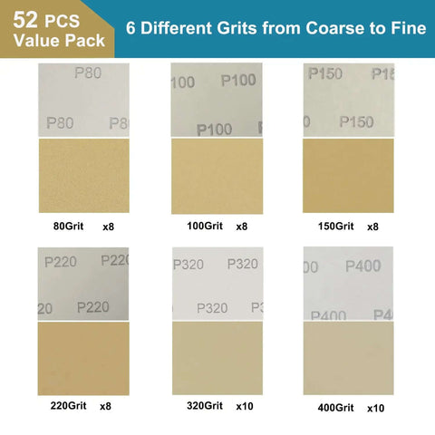 Workhorse 52 Sheet Aluminum Oxide Sandpaper Variety Pack Quarter Sheet Sandpaper For Wood And Metal Wet Dry Sanding Includes 80 100 150 220 320 400 Grits 4.5 By 5.5 Inch showing different sandpaper grits