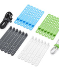 24 Pack Silicone Cable Ties For Desk Setup Reusable Soft Silicone Cord Wraps 5 Inch Length Four Color Assortment Cable Organizer That Keeps Cables Neat As A Pin And Protected, blue, green, gray, white ties with cables