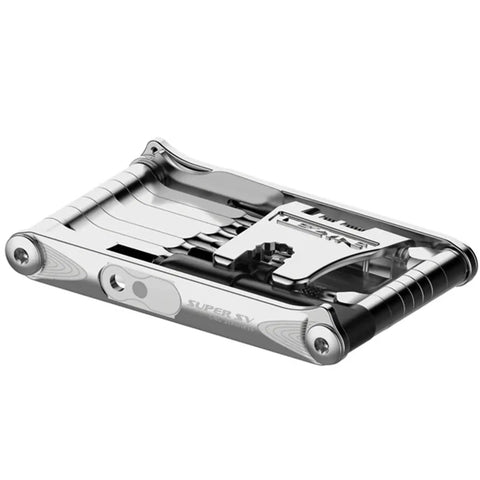 Side view of Go To All In One Bike Repair Tool With Tubeless Kit And Chain Breaker, heavy duty stainless steel with hex bits.