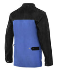 Back view of Split Leather Sleeves Welding Jacket With 10oz FR Cotton Body, Large, black leather sleeves and blue cotton body.