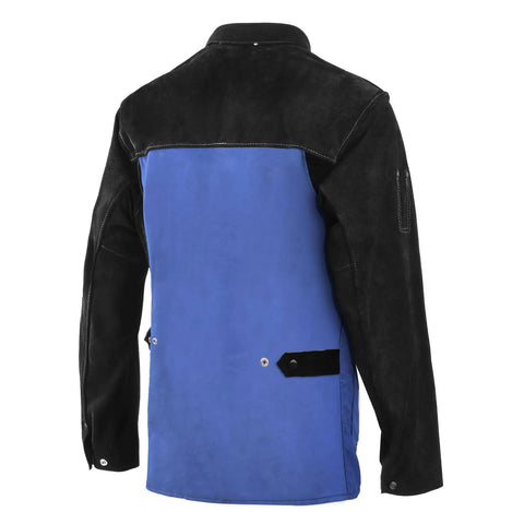 Back view of Split Leather Sleeves Welding Jacket With 10oz FR Cotton Body, Large, black leather sleeves and blue cotton body.