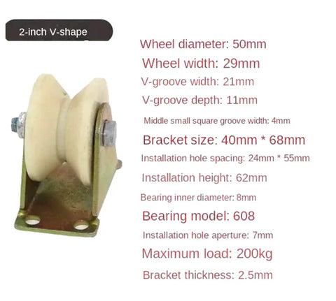 Heavy Duty V Groove Wheel Sliding Gate Casters Built Tough For A Smooth Roll On Any Track featuring 2-inch steel bracket and dual wheels.