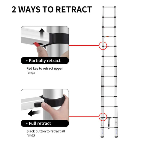 Diagram of two ways to retract Telescoping Extension Ladder 12.5 Feet With Soft Close Collapsible Design One Button Retraction