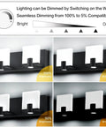 Slick Black LED Vanity Light 4 Light Modern Bath Fixtures Above Mirror Dimmable Wall Mount Matte Black Back Plate With White Acrylic Shade 34.7 Inch Length Energy Saving 40W LED Lighting showing dimming options from 100% to 5% brightness