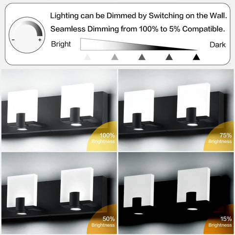Slick Black LED Vanity Light 4 Light Modern Bath Fixtures Above Mirror Dimmable Wall Mount Matte Black Back Plate With White Acrylic Shade 34.7 Inch Length Energy Saving 40W LED Lighting showing dimming options from 100% to 5% brightness