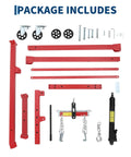 Components of Heavy Duty Hydraulic Engine Hoist With Lever 1.5 Ton Capacity 3000 Lbs Shop Crane in red, bolts, and casters shown.