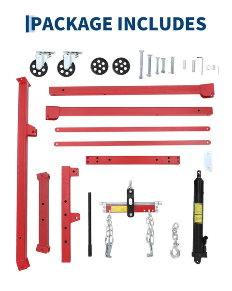 Components of Heavy Duty Hydraulic Engine Hoist With Lever 1.5 Ton Capacity 3000 Lbs Shop Crane in red, bolts, and casters shown.