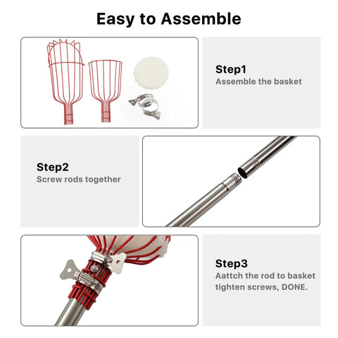 Step-by-step assembly of Game Changer Fruit Picker Pole With Large Metal Basket And Long Adjustable Handle, Extendable From 2.6 To 13 Feet