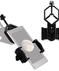 Universal Cell Phone Mount Adapter For Telescope Binocular Monocular Spotting Scope Eyepiece 25 To 48mm Diameter Fits 1.25 Inch Eyepieces So You Can Snap Pics With iPhone Android showing phone mount