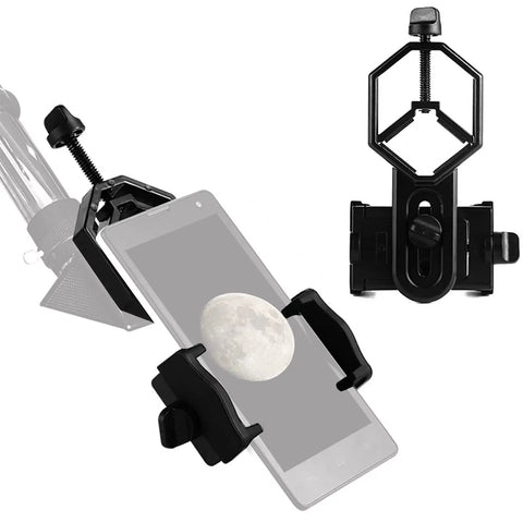Universal Cell Phone Mount Adapter For Telescope Binocular Monocular Spotting Scope Eyepiece 25 To 48mm Diameter Fits 1.25 Inch Eyepieces So You Can Snap Pics With iPhone Android showing phone mount