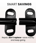Two black brackets from the Universal Wheelbarrow Axle And Bracket Replacement Kit For Universal Compatibility Easy Install Wagon Wheelbarrow Parts Repair Kit Durable Spindle And Axle Set For Quick Fixes.