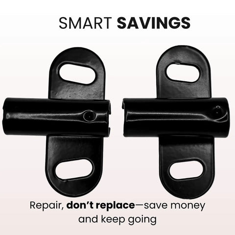 Two black brackets from the Universal Wheelbarrow Axle And Bracket Replacement Kit For Universal Compatibility Easy Install Wagon Wheelbarrow Parts Repair Kit Durable Spindle And Axle Set For Quick Fixes.