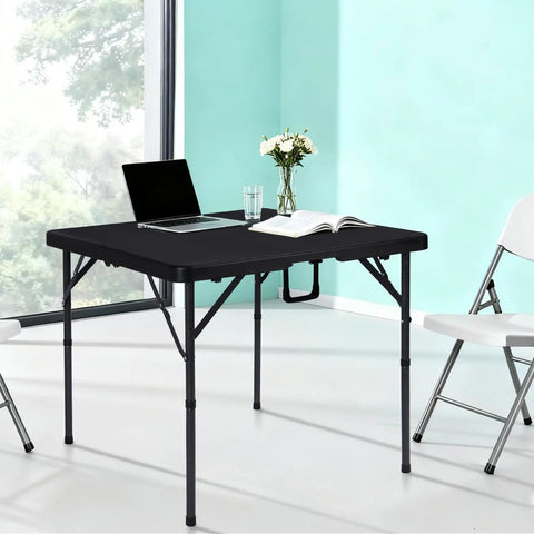 34 Inch Folding Card Table Square with Detachable Legs, Dual Height Adjustable, set up indoors with laptop and book on top.