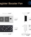 Quiet 4x10 Inch Register Booster Fan With Thermostat For HVAC Systems, dimensions and side view details.