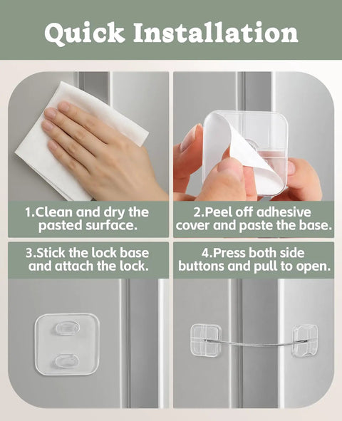 Clear Fridge Lock Set For Baby Proofing, 6 Pack Refrigerator Locks For Cabinets And Drawers installation steps illustration.