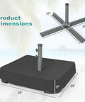 Heavy Duty Beefy 220 Pound Patio Umbrella Base With Sandbags dimensions shown with 37x37 inch crossbar and 29x29x5 inch base
