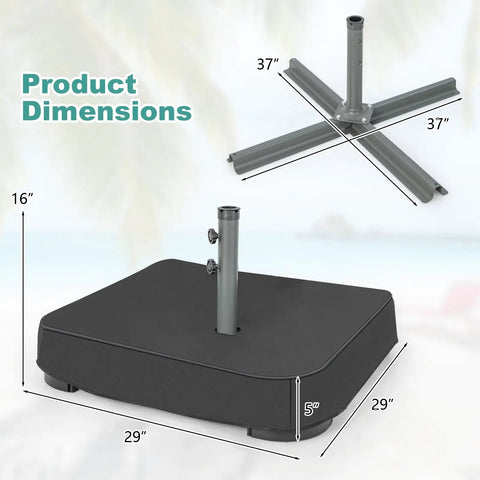 Heavy Duty Beefy 220 Pound Patio Umbrella Base With Sandbags dimensions shown with 37x37 inch crossbar and 29x29x5 inch base