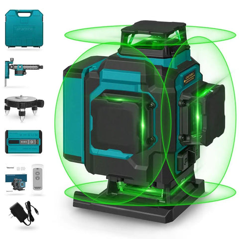 Green Laser Level Pro 4x360 Degree 4D Cross Line For Construction, showing multiple pieces including remote and adapters