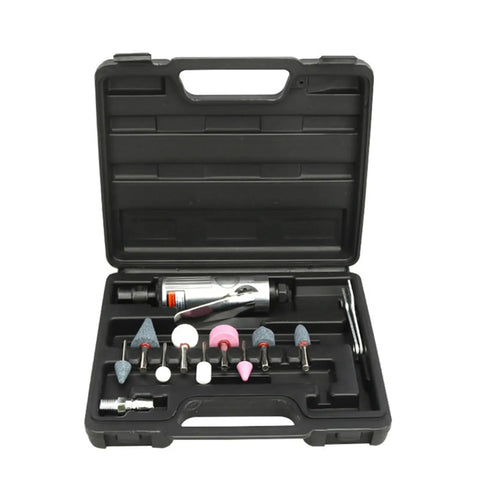Premium Air Die Grinder Set Featuring Rock Solid Aluminum Casing And 1/4 Inch Chuck in a protective carrying case with accessories.