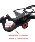 Close-up of mount on left front hydraulic bike brake and lever kit with 850mm hose, diameter 22.2cm, black aluminum alloy.