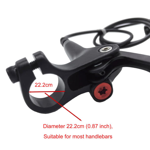 Close-up of mount on left front hydraulic bike brake and lever kit with 850mm hose, diameter 22.2cm, black aluminum alloy.