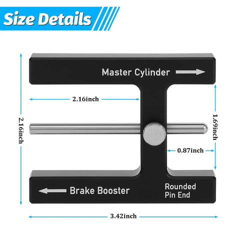 Heavy Duty Car Brake Adjustment Tool Featuring Adjustable Push Rod Booster And Master Cylinder Pins, black steel, 3.42 x 2.16 inches.