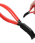 Pro-Grade 7-Inch Sheet Metal Hand Seamer Pliers with red ergonomic handle, for edge seaming and bending, shown in hand.