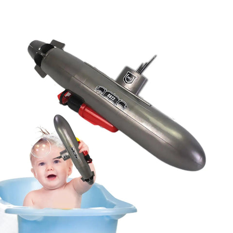 Mini RC Submarine Toy For Bath Time And Pool Play, Realistic Sub Design With Propeller Accessories, Surfacing And Diving Action, Non Remote Controlled Water Vessel For Kids Travel Beach shown with child in tub.
