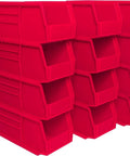 Space Saving Stackable Storage Bins For Garage Pantry And Craft Organization Durable Plastic Bins Red 15 Inch By 5 Inch By 5 Inch 12 Pack Grab And Go Tools Hardware Tackle Toys Snacks And More, showing stacked red storage bins with open fronts.