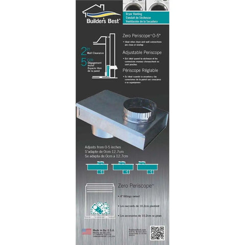 Adjustable Dryer Vent Periscope For Tight Spaces 0 To 5 Inches Easy Install All Metal Rigid Construction With Airflow Baffles Directing 3 To 5 Inches Ducts Draw Band Collar product packaging.