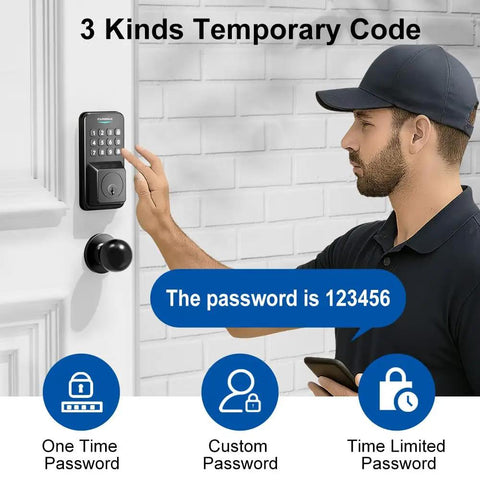 Keyless Entry Door Lock With Smart Knob Set And App Control Generating One Hundred Secure Pin Codes for easy access.