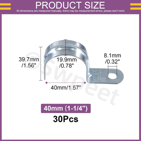 Dimensions of 30 Pack 1-1/2 Inch Zinc Plated EMT Pipe Straps One Hole Kit With U Bracket Snap On Tube Clamps Conduit Clamps