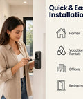 Woman installing a Slick Keyless Entry Door Lock With Keypad Electronic Deadbolt on a front door for homes and rentals.