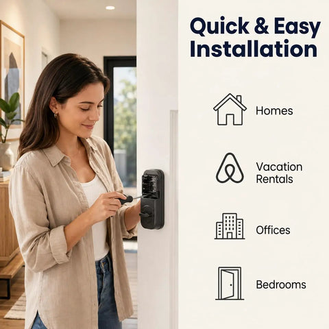 Woman installing a Slick Keyless Entry Door Lock With Keypad Electronic Deadbolt on a front door for homes and rentals.