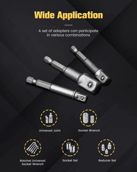 Impact Grade Socket Adapter Set Three Piece With Bit Holder One Quarter Inch Three Eighths Inch One Half Inch SAE Hex Shank