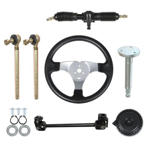 Heavy Duty 300mm Steering Wheel Steel Kit With 320mm Rack And Pinion Adjustable Shaft Set Replacement For 110cc Go Karts ATVs Quads Built Tough Pro Grade Steering Upgrade components, including steering wheel and tie rods.