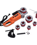 Pro Grade Portable Electric Pipe Threader Featuring A Beefy 2300W Motor And Tough Aluminum Body Built For Tackling Galvanized Iron Pipe On Any Active Job Site Hustle with multiple heads.