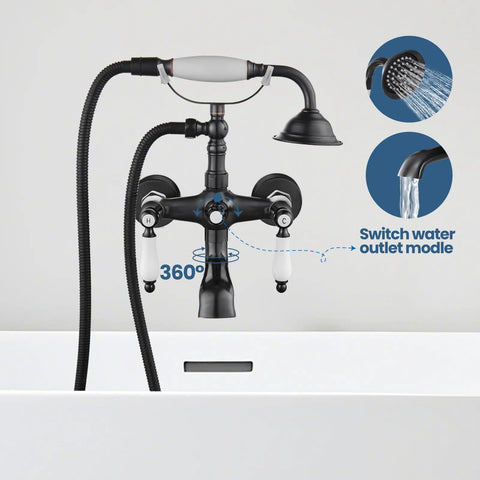 Vintage Victorian Style Wall Mount Bathtub Faucet Set With Telephone Handheld Sprayer Double Hot And Cold Mixer Lever Handles